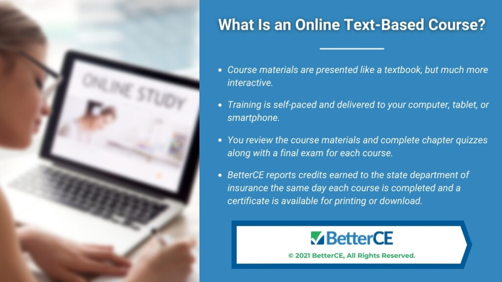 Callout 1- female student with Online Study on computer screen- What Is an Online Text-Bases Course?-4 bullet points