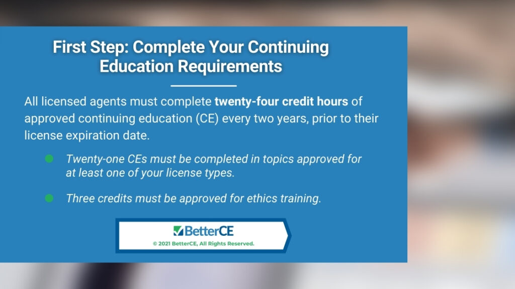 Callout 1- First Step: Complete Your Continuing Education Requirements with two bullet points on blurred background