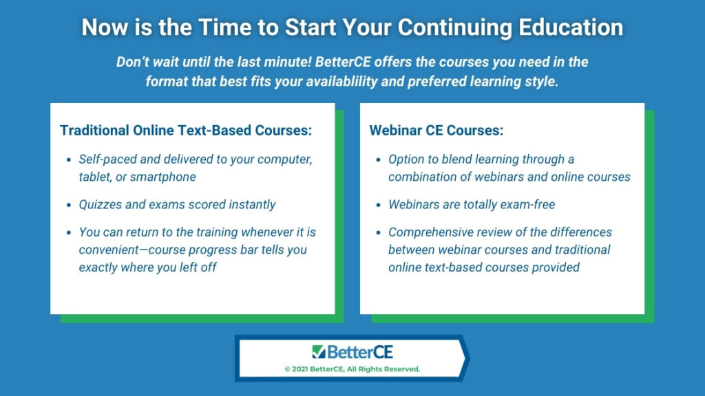 Callout 4- Now Is the Time to Start Your Continuing Education -with two text box options of courses on blue background
