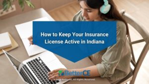 Featured-Female working at computer wearing headphones- How to Keep Your Insurance License Active in Indiana