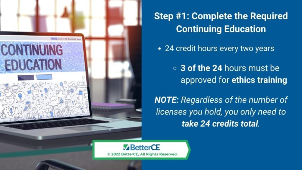 Callout 2: Laptop open to Continuing Education screen - Step #1 Complete the Required Continuing Education - 2 facts listed