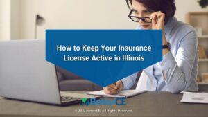 Featured: Adult female taking insurance webinar on laptop - How to Keep Your Insurance License Active in Illinois
