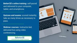 Callout 3: Laptop, tablet and mobile phone open to continuing education screen - BetterCE's continuing education online training facts - 3 listed
