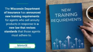 Callout 1: Blue New Training Requirements book on desk-Wisconsin Department of Insurance announces new training requirements