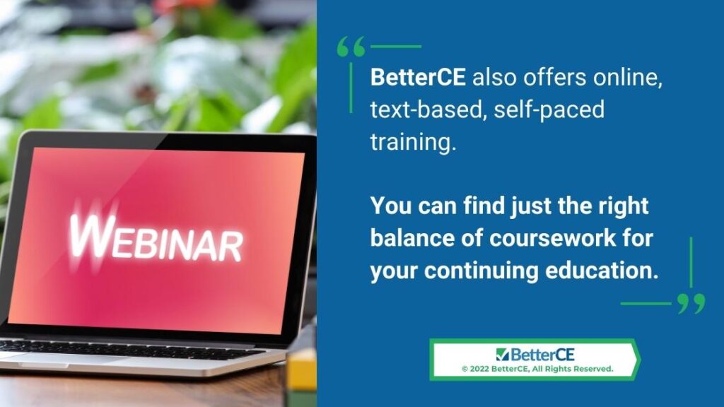 Callout 2- Laptop open to red screen with Webinar title- BetterCE offers online, text-based, self-paced training quote from text