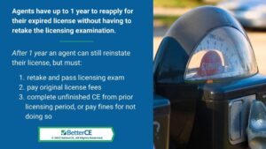 Callout 2: Time expired on meter- after 1 year agents can reinstate their license with 3 conditions- listed