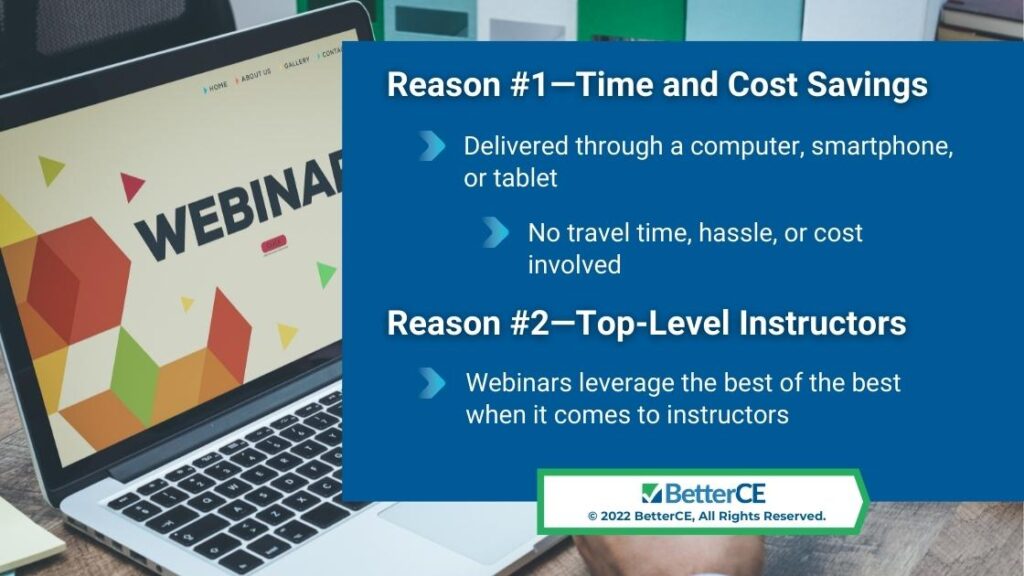 Callout 1: Word 'Webinar" on laptop screen- Reasons #1,#2 with facts listed