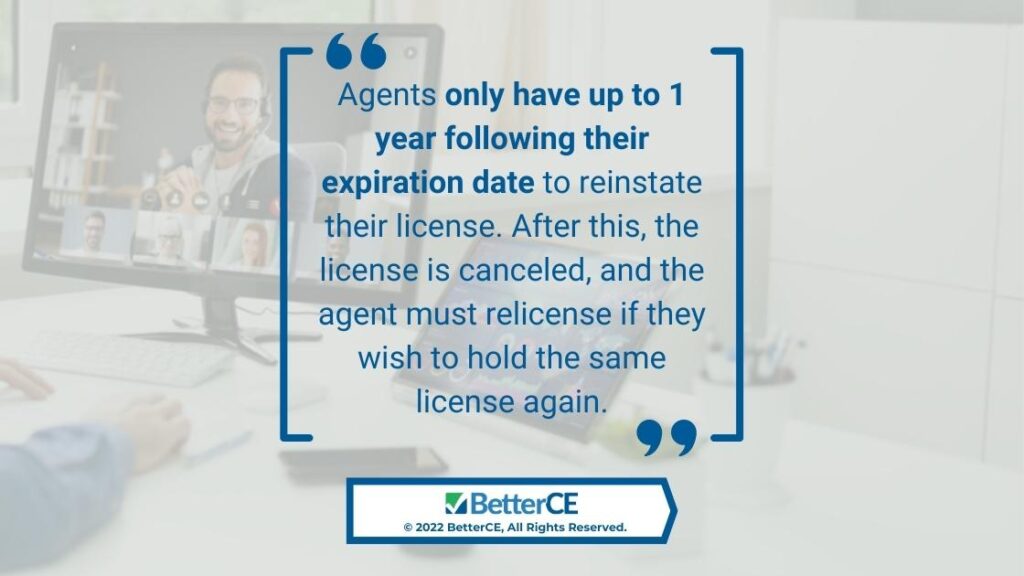 Callout 2: Quote from text- California agents have one year from expiration to reinstate license- blurred background