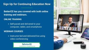 Callout 3: Laptop screen open to webinar class- BetterCE continuing education offers online training and webinars
