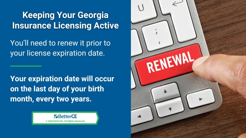 Callout 1: finger touching red renewal key on keyboard- keeping your Georgia insurance license active- 2 facts