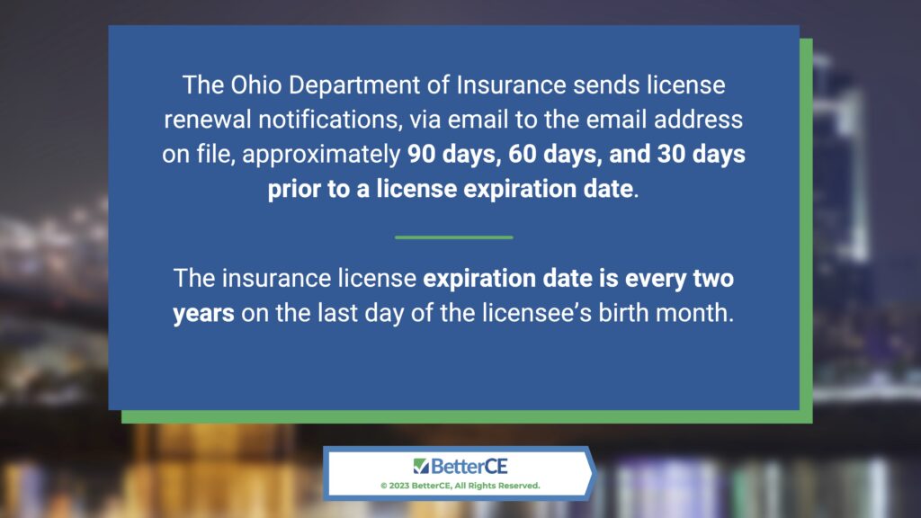 Callout 2: Ohio Department of Insurance sends license renewal notifications - blurred background