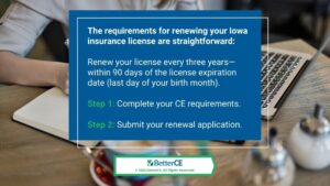 Callout 1: Person writing in notebook in front of open laptop on desk- requirements for Iowa insurance License renewal- 2 steps