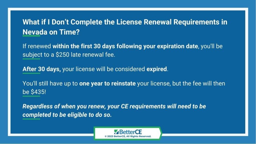 Callout 3: what if I don't complete the license renewal requirements in Nevada on time?- 4 facts listed