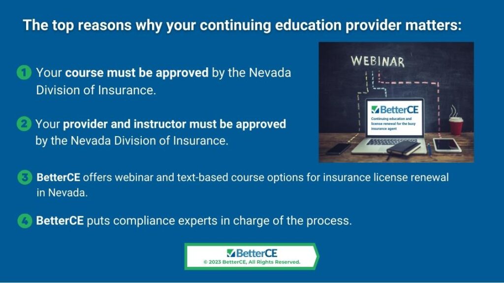 Callout 4: The continuing education provider matters- 4 reasons listed with BetterCE logo on laptop screen
