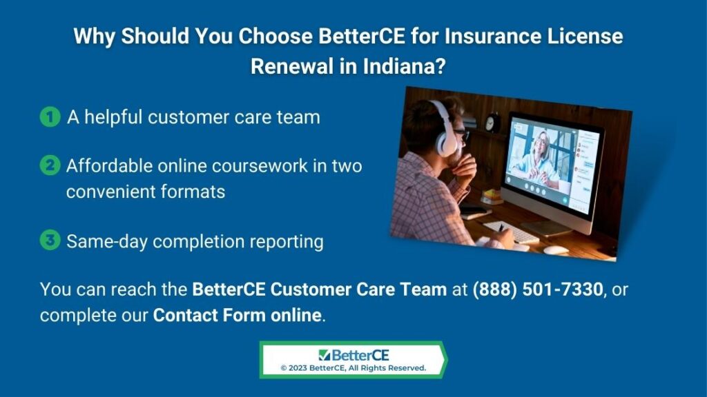 Callout 4: Male student with headphones on watching online webinar- Why you should choose BetterCE for insurance license renewal in Indiana- three facts/benefits