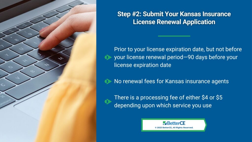 Callout 3- Close-up of hand tapping on keyboard- Step#2- submit your Kansas insurance license renewal application- 3 facts.