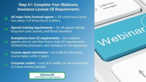 Callout 1: Blue Webinar key on keyboard- Step#1: complete your Oklahoma insurance license CE requirements - 5 listed.