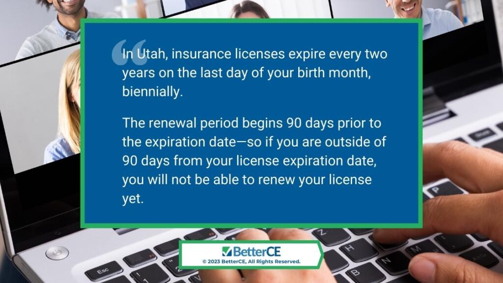 Callout 1: Laptop open to webinar call- Quote from text about Utah Insurance license renewal period