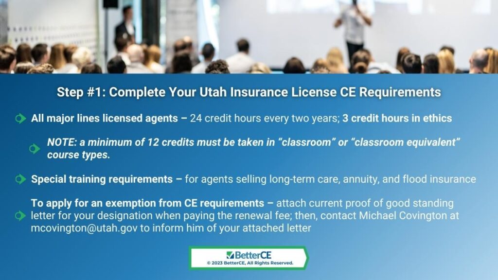 Callout 2: Class lecture concept- Step#1: complete your Utah insurance license CE requirements- 4 facts.