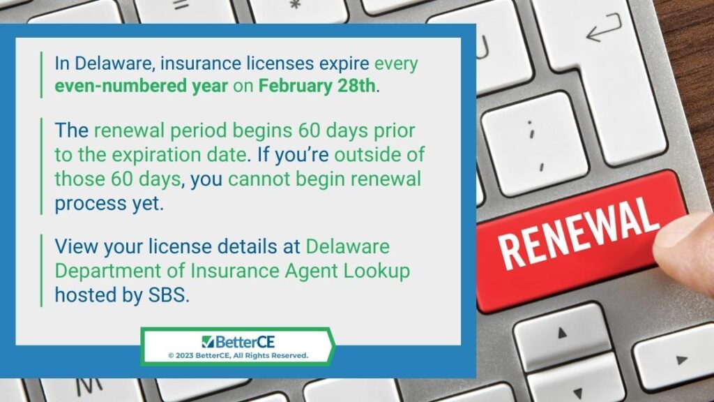 Callout 1: Close-up of keyboard with Red Renewal key- Three facts about Delaware insurance license renewal.