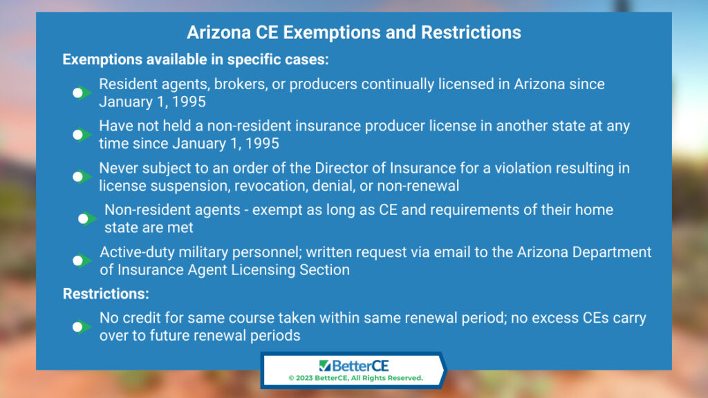 Callout 3: Arizona CE exemptions and restrictions- six facts.