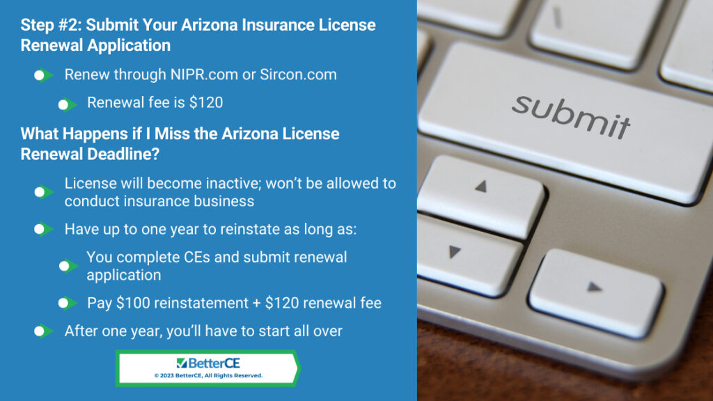 Callout 4: Close-up of Submit key on keyboard- Step#2- submit your Arizona insurance license renewal application- six facts