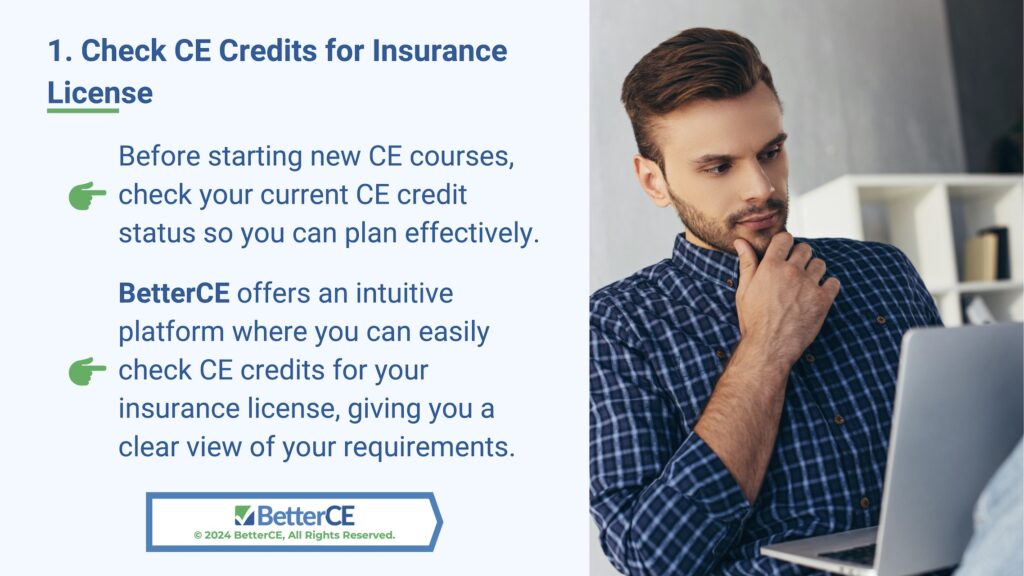 Callout 2: Businessman with laptop taking online training webinar- step1- check CE credits for insurance license