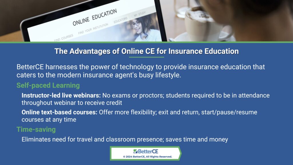 Callout 3: Female sitting at laptop taking online education course- 3 advantages of online CE for insurance education