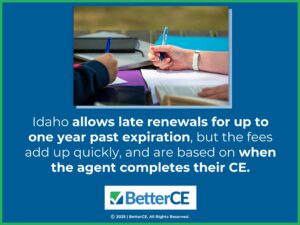 Two people working together at desk taking notes- facts about Idaho late renewals for insurance agents.