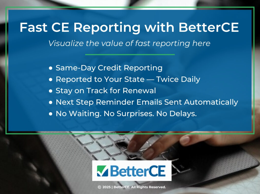 Close-up of hands typing on keyboard- five benefits of BetterCE fast CE reporting.