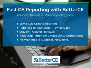 Close-up of hands typing on keyboard- five benefits of BetterCE fast reporting.