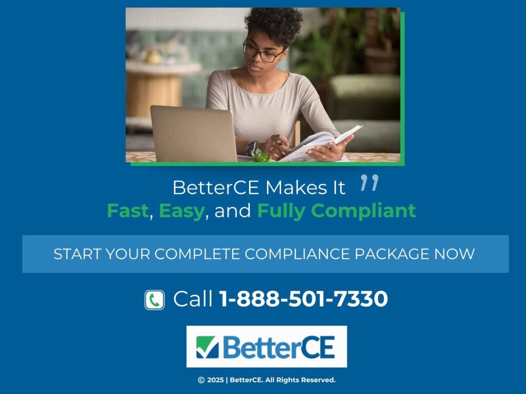 Woman studying at desk on laptop- BetterCE phone number- 1-888-501-7330.