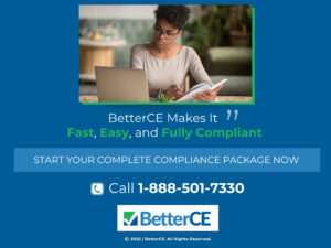 Woman studying at desk on laptop- BetterCE phone number- 1-888-501-7330.