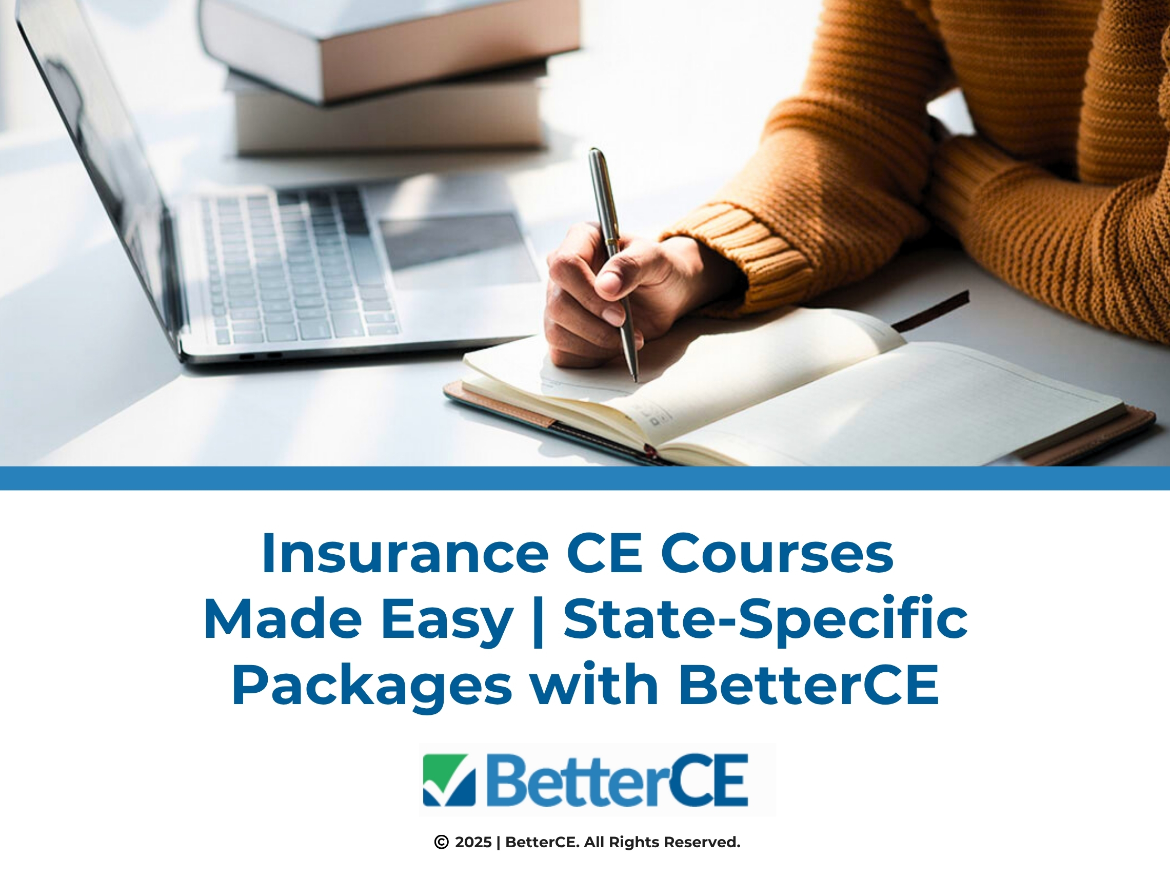 Person taking notes beside open laptop on desk- Insurance CE courses made easy