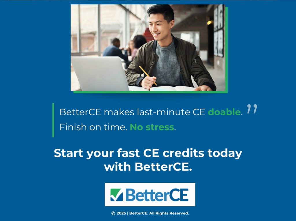 Young man studying with laptop & notebook in bright, modern indoor space- quote from text about earning fast CE credits with BetterCE.