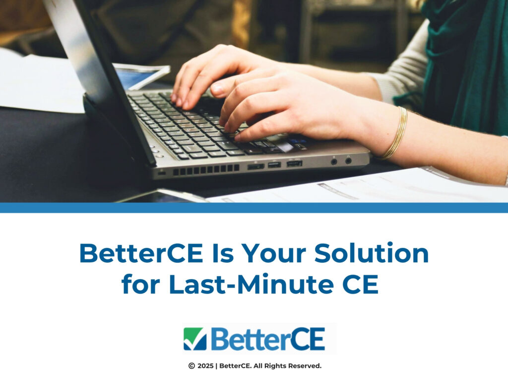 Person typing on laptop with smartphone & booklet nearby- BetterCE is your solution for last-minute CE.