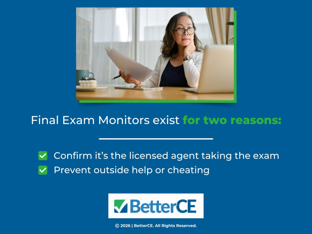 Female reviews papers at desk with laptop- two reasons for final exam monitors.