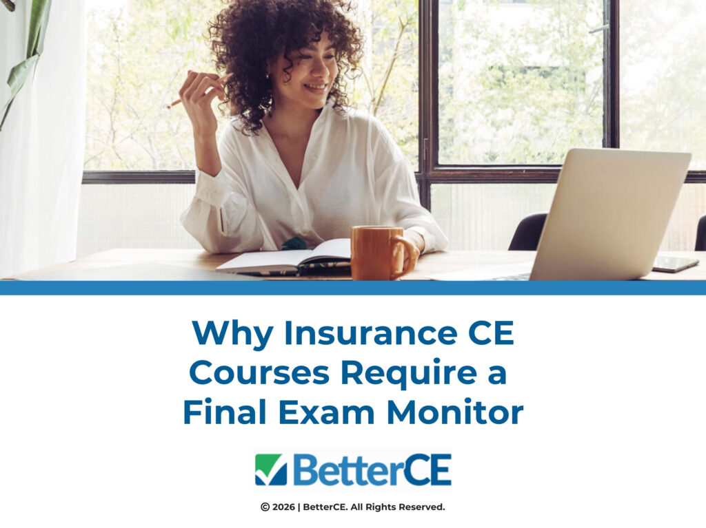 Female working on laptop taking notes- why insurance ce courses require a final exam monitor.
