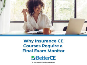 Female working on laptop taking notes- why insurance ce courses require a final exam monitor.