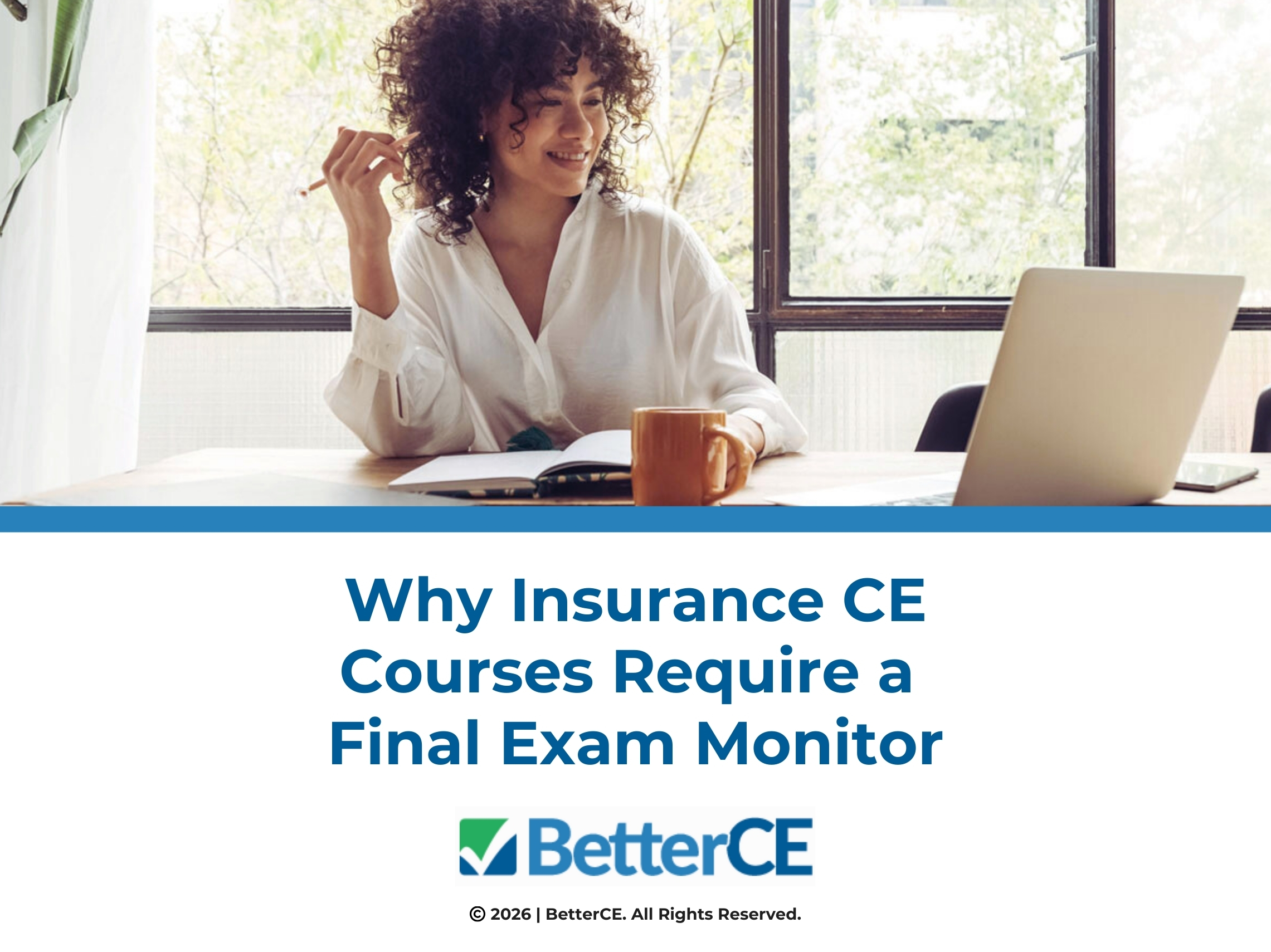 Female working on laptop taking notes- why insurance ce courses require a final exam monitor.