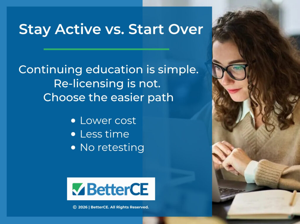 Woman studying on a laptop with a notebook beside her. Three benefits of staying active with an insurance license vs. starting over.