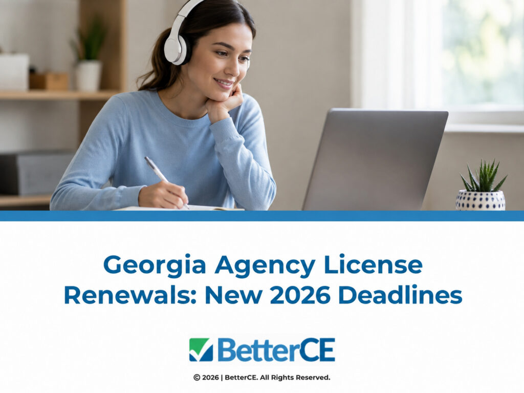Female studying online with headphones at home. Georgia Agency License Renewals: New 2026 Deadlines. Blog title.